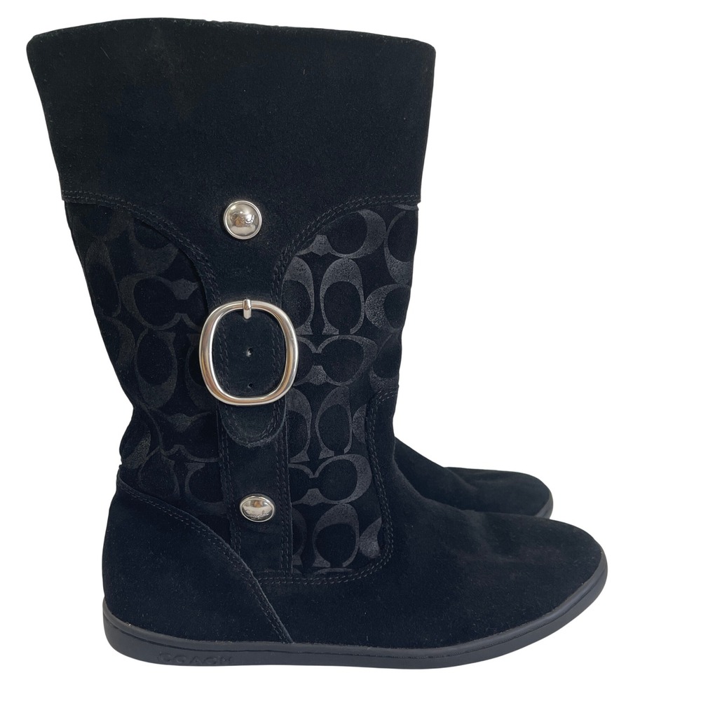 Coach Winter Boots 9.5B Meyer Black Suede Shearling Signature Monogram Designer